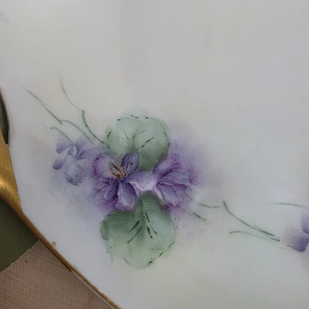 Antique Hutschenreuther Hand‎ Painted Porcelain Violet Cake Plate Gold Handles